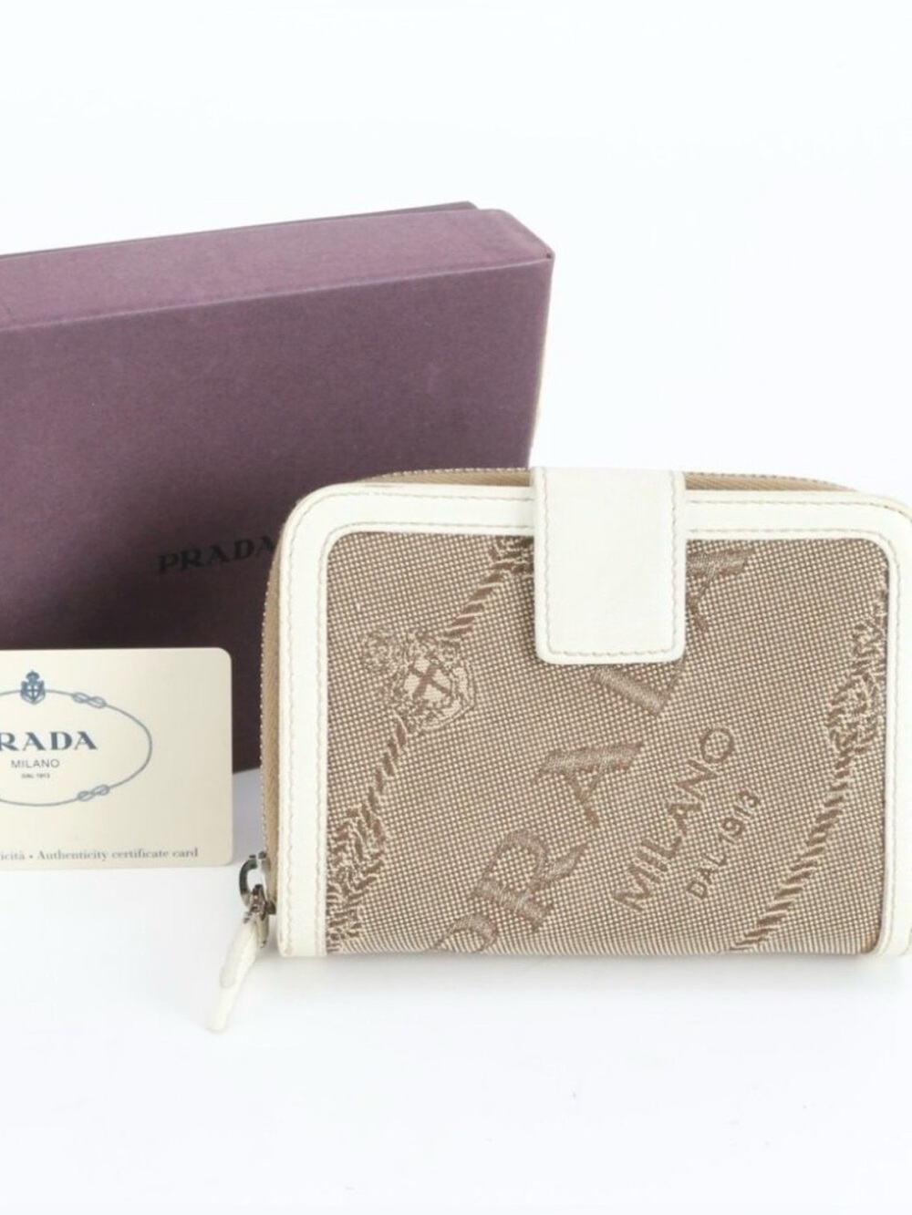 Prada Jacquard Logo Canvas Bifold Zip Around Wallet with White Leather Trim NWT